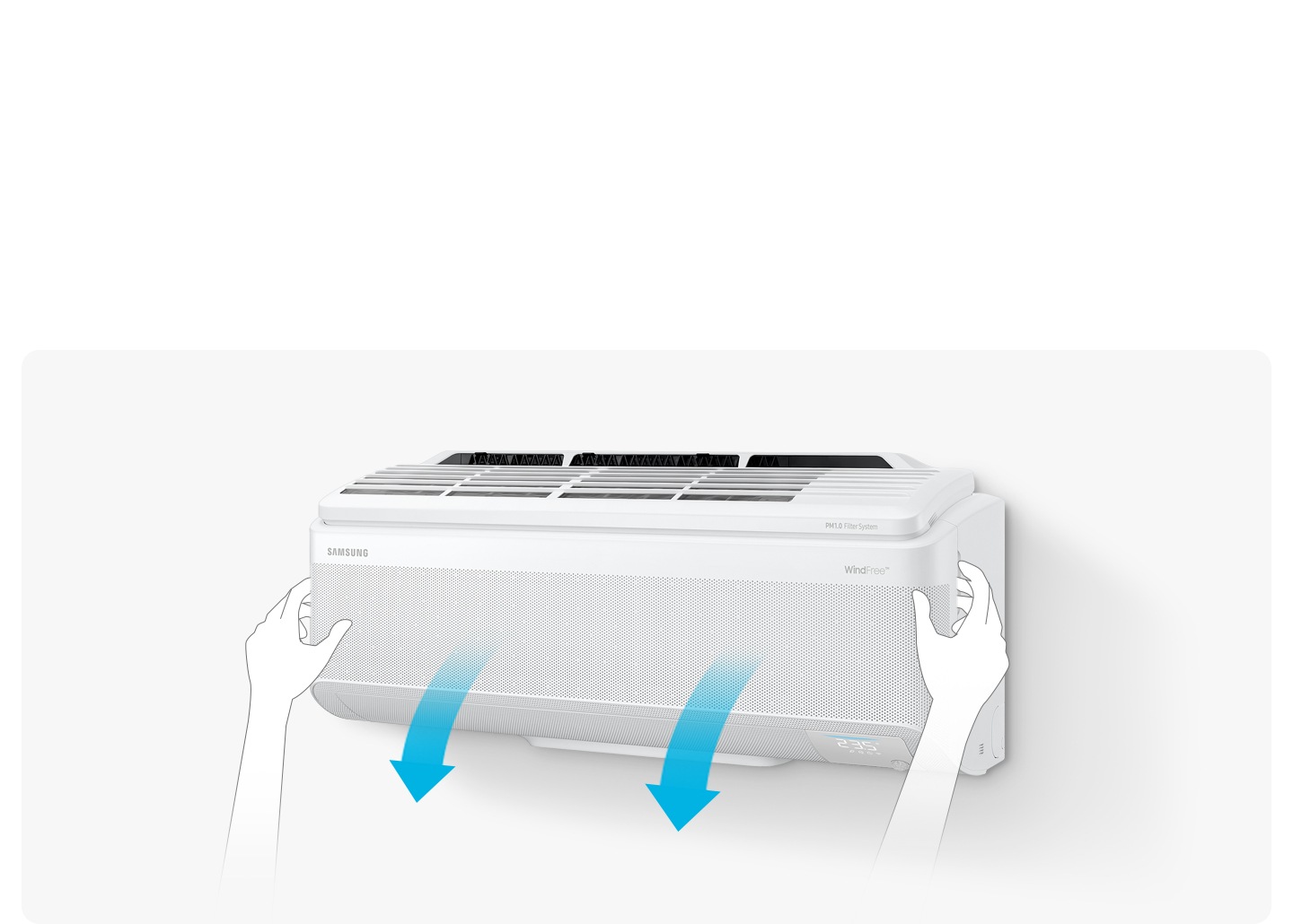 [가운데 작동중인 벽걸이 에어컨이 보여지고 그 아해 습도에 따라서 알아서 내부를 건조하는 자동 건조 문구와 함께 과정이 보여집니다. 좌측 부터 10분 강풍 +습도센싱+ 10분 무풍 + 습도 센싱+ 15분 무풍 이 보여집니다.]