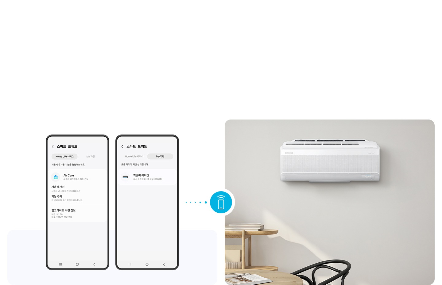[좌측엔 나만의 가전 업그레이드 화면의 휴대폰 ÚÍ가 2대 보여지고 우측엔 방안 으로 보여지는 공간에 벽걸이 에어컨의 모습이 보여집니다.] 