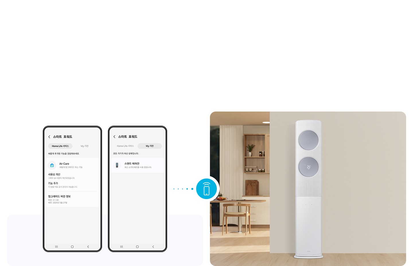 좌측엔 나만의 가전 업그레이드 화면의 휴대폰 UI가 2대 보여지고 우측엔 거실공간에 있는 무풍 클래식 에어컨의 모습이 보여집니다. 