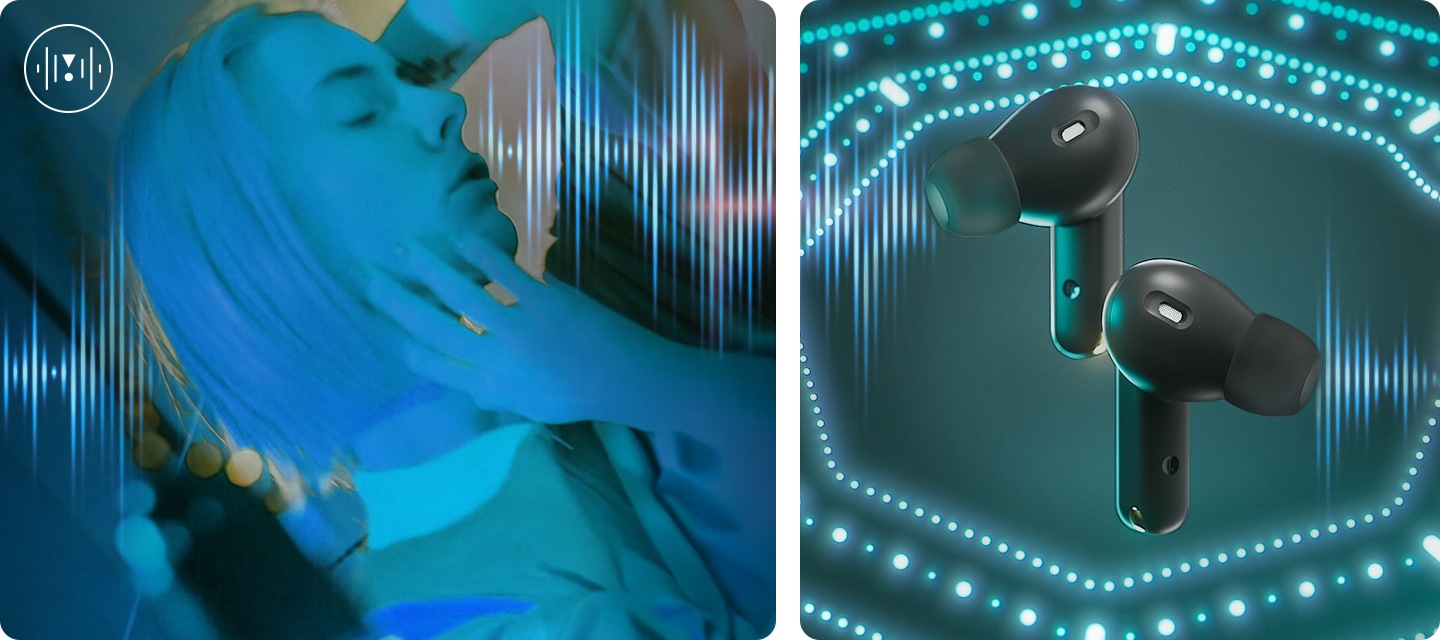 왼쪽은 여성이 춤을 추고 있으며, 오른쪽에는 블랙 색상의 이어버드가 보이며 그 뒤로 음향효과가 표시되어 있습니다.