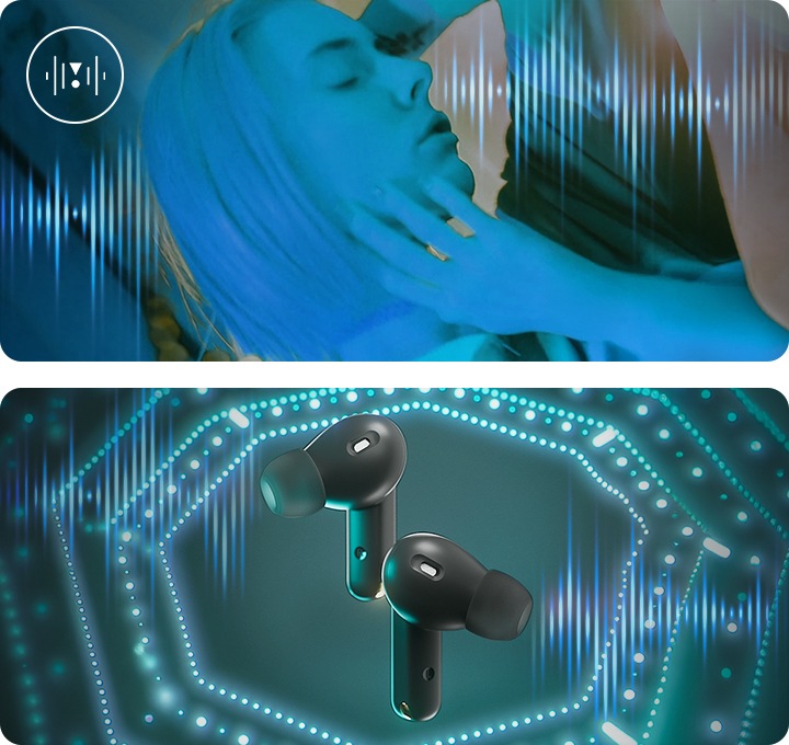 왼쪽은 여성이 춤을 추고 있으며, 오른쪽에는 블랙 색상의 이어버드가 보이며 그 뒤로 음향효과가 표시되어 있습니다.