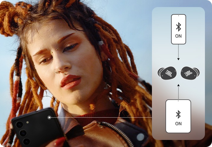 여성이 스마트폰을 확인하고 있습니다. 오른쪽에는 스마트폰과 태블릿PC를 이어버드에 동시에 연결할 수 있음을 표시한 이미지가 있습니다.