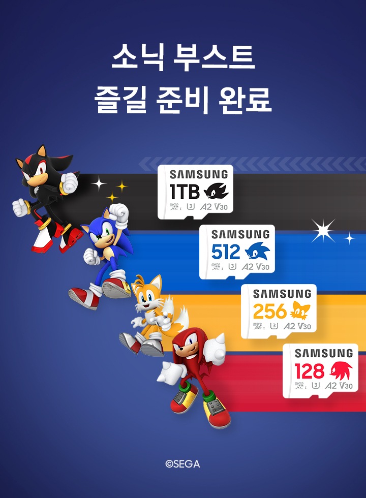 왼쪽 상단에 ‘소닉 부스트 즐길 준비 완료’라는 문구와 함께 섀도우는 본상품인 마이크로SD 메모리카드 소닉 PRO Plus 1TB, 소닉은 마이크로SD 메모리카드 소닉 PRO Plus 512GB, 테일즈는 마이크로SD 메모리카드 소닉 PRO Plus 256GB, 너클즈는 마이크로SD 메모리카드 소닉 PRO Plus 128GB 제품과 함께 순서대로 보여집니다.