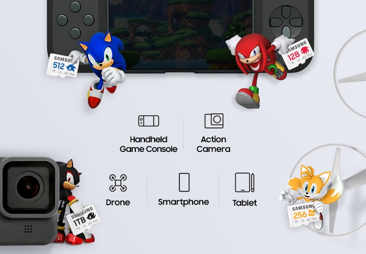 이미지 위쪽에는 게임기와 함께 양 사이드로 왼쪽은 소닉이 마이크로SD 메모리카드 소닉 PRO Plus 512GB을 들고 뛰는 모습과 오른쪽에는 너클즈가 메모리카드 소닉 PRO Plus 128GB를 들고 뛰는 모습이 보여집니다. 전체 이미지 왼쪽에는 액션 카메라 뒤에 섀도우가 메모리카드 소닉 PRO Plus 1TB를 들고 서있습니다. 전체 이미지 오른쪽에는 드론과 함께 테일즈가 메모리카드 소닉 PRO Plus 256GB를 들고 있습니다. 전체 이미지 중간에는 Handheld Game Console, Action Camera 아이콘은 1열 Drone, Smartphone, Tablet 아이콘이 2열론 나열되어 있습니다.