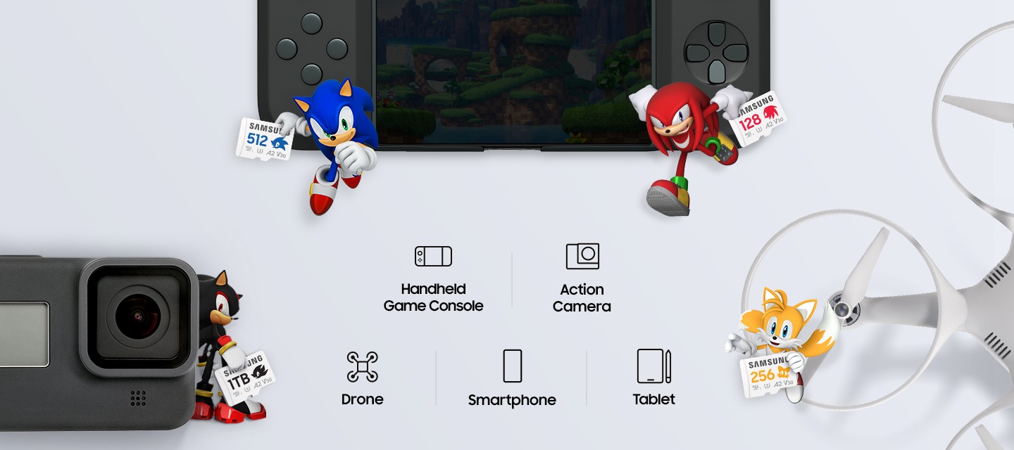 이미지 위쪽에는 게임기와 함께 양 사이드로 왼쪽은 소닉이 마이크로SD 메모리카드 소닉 PRO Plus 512GB을 들고 뛰는 모습과 오른쪽에는 너클즈가 메모리카드 소닉 PRO Plus 128GB를 들고 뛰는 모습이 보여집니다. 전체 이미지 왼쪽에는 액션 카메라 뒤에 섀도우가 메모리카드 소닉 PRO Plus 1TB를 들고 서있습니다. 전체 이미지 오른쪽에는 드론과 함께 테일즈가 메모리카드 소닉 PRO Plus 256GB를 들고 있습니다. 전체 이미지 중간에는 Handheld Game Console, Action Camera 아이콘은 1열 Drone, Smartphone, Tablet 아이콘이 2열론 나열되어 있습니다.