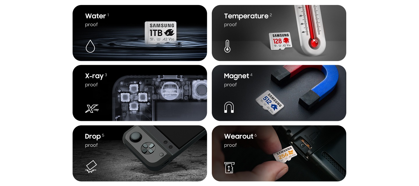왼쪽 윗부분의 이미지는 섀도우의 마이크로SD 메모리카드 소닉 PRO Plus 1TB 제품이 잔잔한 수면 위에서 물결을 일으키는 모습과 왼쪽 부분에 water proof 텍스트와 물방울 아이콘이 그려져 있습니다. 오른쪽 윗부분의 이미지는 너클즈의 마이크로SD 메모리카드 소닉 PRO Plus 128GB 왼쪽 부분에 Temperature proof 텍스트와 온도계 아이콘이 그려져 있습니다. 왼쪽 중간의 이미지는 게임기의 안쪽 부분을 보여주는 이미지와 왼쪽 부분에 X-ray proof 텍스트와 X-ray 아이콘이 그려져 있습니다. 오른쪽 중간 이미지는 자석과 함께 소닉의 마이크로SD 메모리카드 소닉 PRO Plus 512GB가 놓여져 있는 이미지와 왼쪽 부분에 Magnet proof 텍스트와 U자 자석 아이콘이 그려져 있습니다. 왼쪽 아래 이미지는 휴대용 게임기를 떨어뜨리는 이미지와 Drop proof 텍스트와 제품이 떨어져 충격을 받는 아이콘이 그려져 있습니다. 오른쪽 아래 이미지는 전자기기 제품에 테일즈의 마이크로SD 메모리카드 소닉 PRO Plus 256GB를 삽입하는 이미지가 있으며 왼쪽 부분에 Wearout proof 텍스트와 메모리카드를 삽입하는 아이콘이 그려져 있습니다.