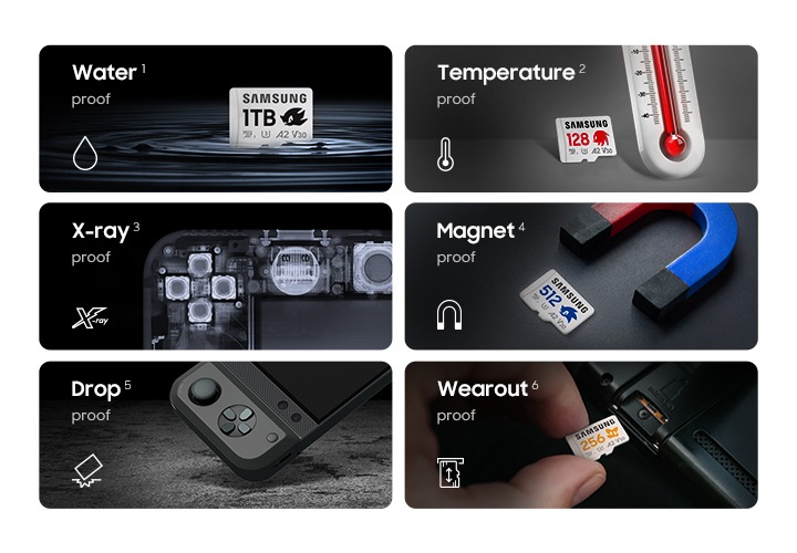 왼쪽 윗부분의 이미지는 섀도우의 마이크로SD 메모리카드 소닉 PRO Plus 1TB 제품이 잔잔한 수면 위에서 물결을 일으키는 모습과 왼쪽 부분에 water proof 텍스트와 물방울 아이콘이 그려져 있습니다. 오른쪽 윗부분의 이미지는 너클즈의 마이크로SD 메모리카드 소닉 PRO Plus 128GB 왼쪽 부분에 Temperature proof 텍스트와 온도계 아이콘이 그려져 있습니다. 왼쪽 중간의 이미지는 게임기의 안쪽 부분을 보여주는 이미지와 왼쪽 부분에 X-ray proof 텍스트와 X-ray 아이콘이 그려져 있습니다. 오른쪽 중간 이미지는 자석과 함께 소닉의 마이크로SD 메모리카드 소닉 PRO Plus 512GB가 놓여져 있는 이미지와 왼쪽 부분에 Magnet proof 텍스트와 U자 자석 아이콘이 그려져 있습니다. 왼쪽 아래 이미지는 휴대용 게임기를 떨어뜨리는 이미지와 Drop proof 텍스트와 제품이 떨어져 충격을 받는 아이콘이 그려져 있습니다. 오른쪽 아래 이미지는 전자기기 제품에 테일즈의 마이크로SD 메모리카드 소닉 PRO Plus 256GB를 삽입하는 이미지가 있으며 왼쪽 부분에 Wearout proof 텍스트와 메모리카드를 삽입하는 아이콘이 그려져 있습니다.