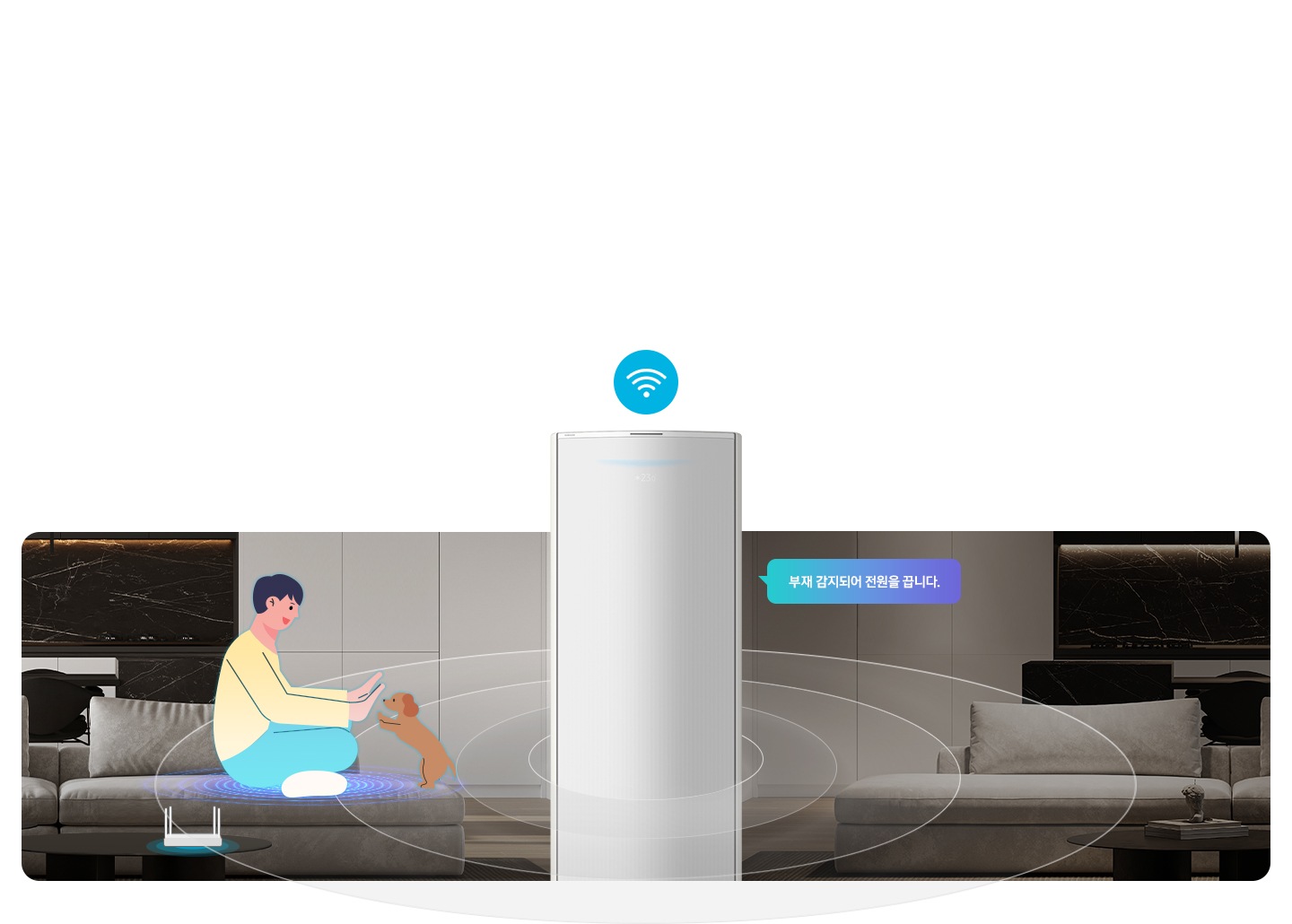 동일한 거실로 보여지는 공간이 좌우 대칭으로 똑같이 보여지며 가운데엔 무풍콤보 갤러리 에어컨이 보여집니다. 에어컨 상단엔 오아파이 모양의 아이콘이 보이고 좌측 거실 쇼파에 사람과 강아지가 있어 와이파이 가 연결되어 움직임을 감지한 듯한 모습이 보여지고 좌측 거실에 사람이 없어 부재를 감지하여 가운데 에어컨에서 부재 감지되어 전원을 끕니다. 말풍선이 보여집니다.