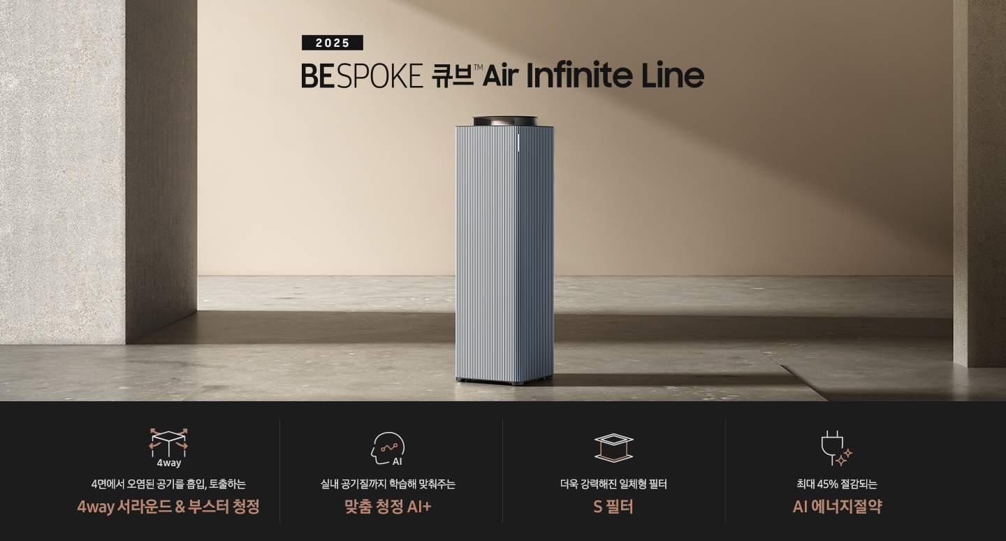 베이지 톤의 넓은 공간이 보입니다. 대리석 바닥 좌우로 기둥이 있고 그 가운에 BESPOKE 큐브™ Air Infinite Line 80㎡이 서 있습니다. 공기청정기 위로는 2024 BESPOKE 큐브™ Air Infinite Line이라는 문구가 적혀 있습니다.하단 제품 특장점에는사각의 공기청정기 사면으로 공기가 토출되는 모습의 화살표 아이콘과 함께 4way, 4면에서 오염된 공기를 흡입, 토출하는 4way 서라운드 & 부스터 청정이라는 문구가 적혀 있습니다. 두 번째에는 사람의 옆모습 실루엣 안에 그래프가 그려져 있고 AI라고 적힌 아이콘과 함께 실내 공기질까지 학습해 맞춰주는 맞춤 청정 AI +라는 문구가 적혀 있습니다. 세 번째로는 사각 박스 모양의 S 필터 옆 나무가 그려진 아이콘이 있고 더욱 강력해진 일체형 필터 S 필터라는 문구가 적혀 있습니다. 네 번째로는 전기 코드 아이콘이 반짝이는 효과를 준 아이콘과 함께 최대 45% 절감되는 AI 에너지 절약이라는 문구가 적혀 있습니다.