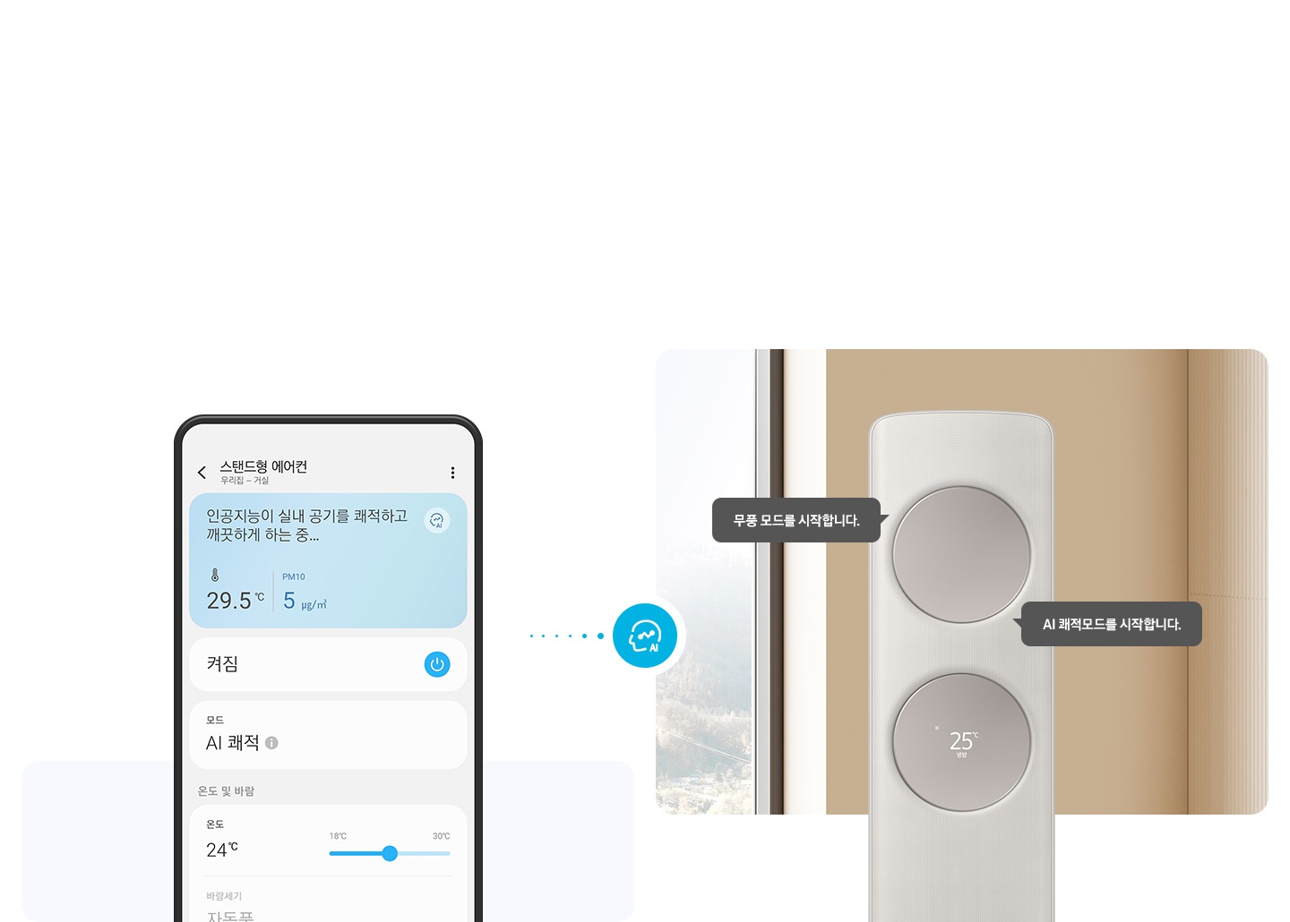 좌측에 AI 쾌적 UI 화면이 보여지고 우측엔 무풍 클래식 에어컨이 작동중인 모습이 보여지고 무풍모드를 시작합니다., AI  쾌적모드를 시작합니다. 말풍선이 보여집니다.