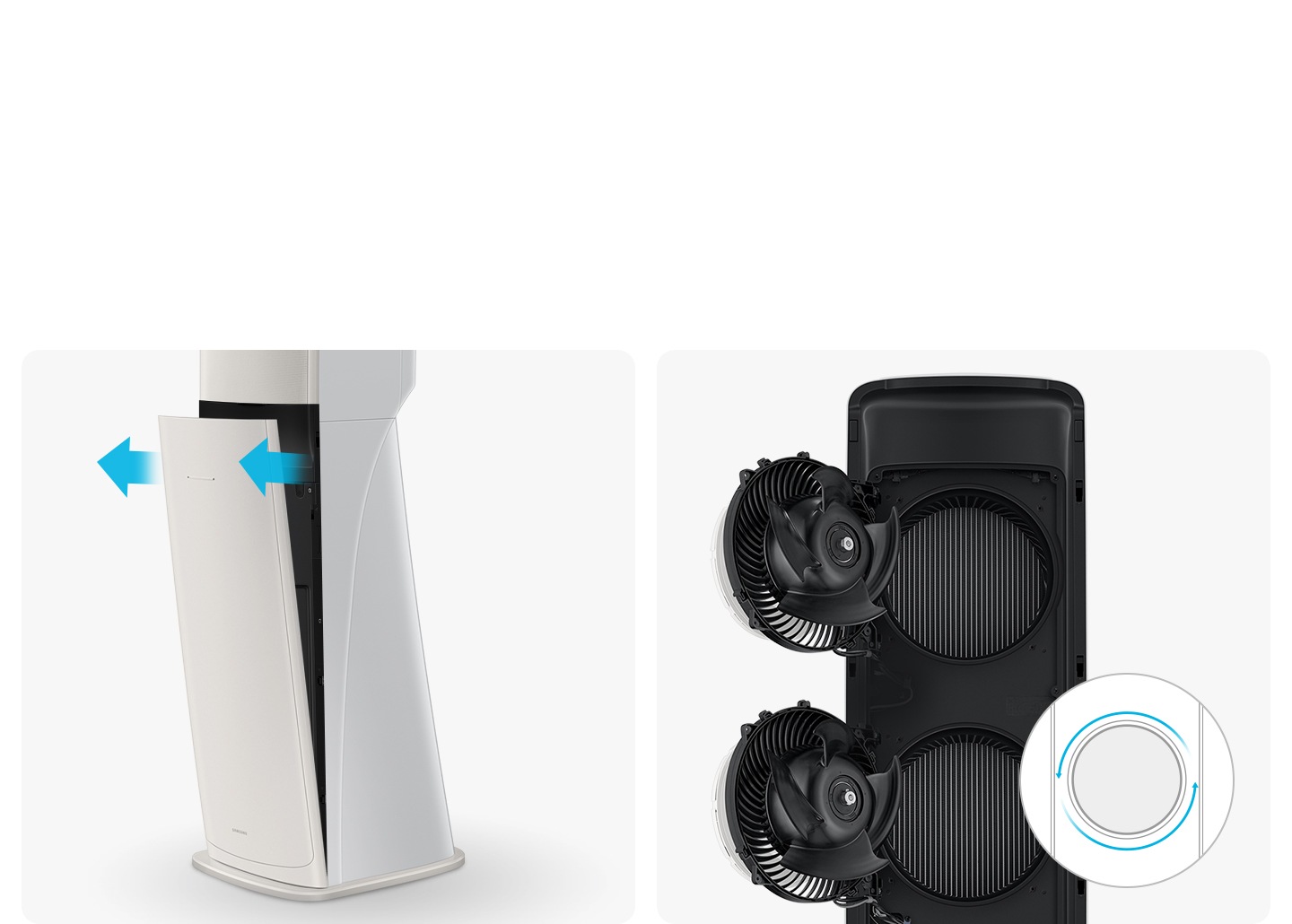 좌측엔 에어컨의 하단부가 이지오픈핸들이 확댇되어 보여 열기쉽게 여는 모습이 보여지고, 좌측엔 에어컨 상단부가 보여 판넬을 앞으로 빼는 듯한 화살표와 함께 보여집니다.