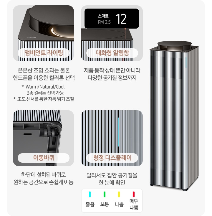 오른쪽에는 BESPOKE 큐브™ Air Infinite Line 공기청정기 우측 45도 각도로 서 있습니다. 공기청정기 왼쪽으로는 공기청정기의 다양한 기능에 대해 설명되어 있습니다. 첫 번째는 BESPOKE 큐브™ Air Infinite Line  모델의 앰비언트 라이팅 부분이 확대되어 보입니다. 이미지 하단에는 앰비언트 라이팅 은은한 조명 효과는 물론 핸드폰을 이용한 컬러 콘 선택 가능 * Warm/Natural/Cool 3종 컬러톤 선택 가능 * 조도 센서를 통한 자동 밝기 조절 가능이라는 문구가 적혀 있습니다. 두 번째는 알림 창 부분이 확대되어 보입니다. 대화형 알림 창 제품 동작 상태 뿐만 아니라 다양한 공기질 정보까지 문구가 적혀 있습니다. 세 번째는 BESPOKE 큐브™ Air Infinite Line 제품 하단의 이동바퀴 부분이 확대되어 보입니다. 하단에는 이동바퀴 하단에 설치된 바퀴로 원하는 공간으로 손쉽게 이동이라는 문구가 적혀 있습니다. 네 번째로는 디스플레이 알림 창 부분이 환대되어 보입니다. 위에는 파란색 막대 좋음, 초록색 막대 보통, 노란색 막대 나쁨, 빨간 새 막대 매우 나쁨으로 단계 별 알림 창 색상이 보입니다. 이미지 하단에는 청정 디스플레이 멀리서도 집안 공기질을 한 눈에 확인 문구가 적혀 있습니다.