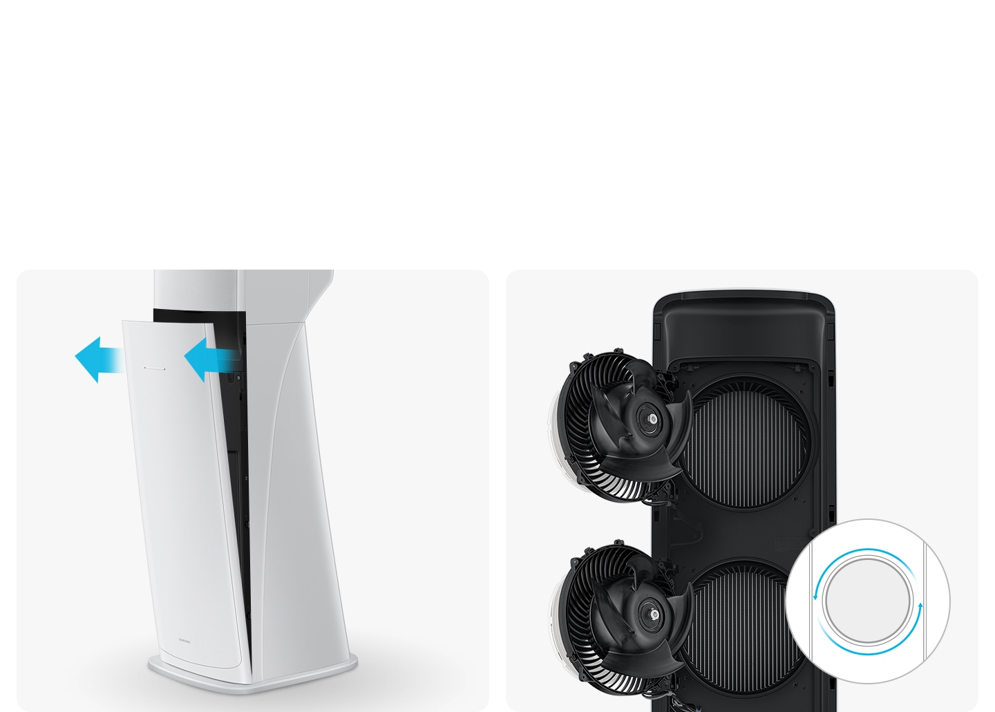 좌측엔 에어컨의 하단부가 이지오픈핸들이 확대되어 보여 열기쉽게 여는 모습이 보여지고, 좌측엔 에어컨 상단부가 보여 판넬을 앞으로 빼는 듯한 화살표와 함께 보여집니다.