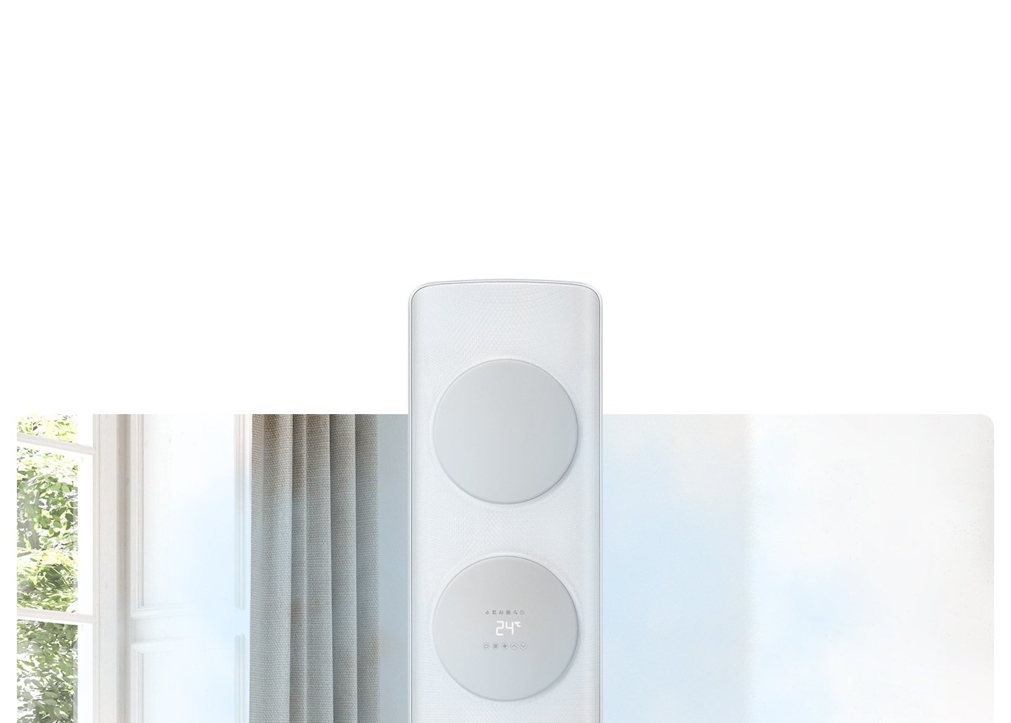 거실로 보여지는 공간에  무풍 냉방이 작동하는 모습듯한 모습이 보여집니다.