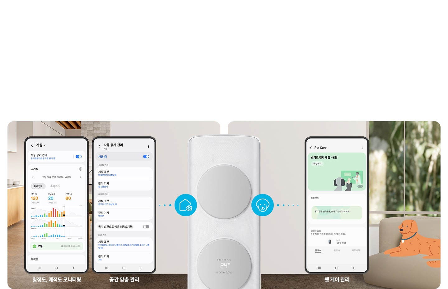 무풍 클래식 에어컨이 가운데 확대 되어 크게 보여지고 좌측엔 청정도, 쾌적도 모니텅링, 공간 맞춤 관리 UI 화면이 보여지고 우측엔 펫케어 관리 UI 화면이 보여집니다. 