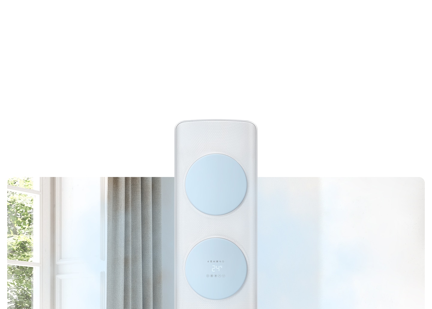 거실로 보여지는 공간에  무풍 냉방이 작동하는 모습듯한 모습이 보여집니다.