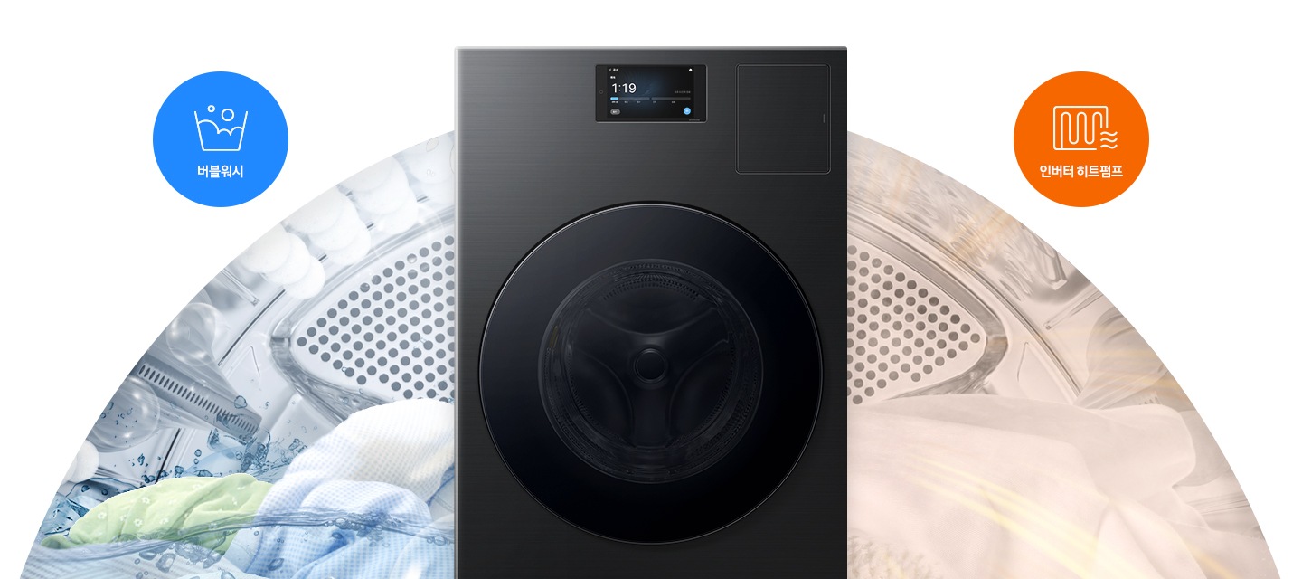 이미지 가운데에 BESPOKE AI콤보가 있습니다. 기기 왼쪽에는 버블워시가 진행 중인 이미지, 오른쪽에는 건조가 진행 중인 이미지를 각각 부채꼴 모양으로 표시하고 있습니다. 왼쪽 이미지 위에는 초록색 원에 '버블워시' 텍스트와 아이콘이 있고 오른쪽 이미지 위에는 주황색 원에 '인버터 히트펌프' 텍스트와 아이콘이 있습니다.