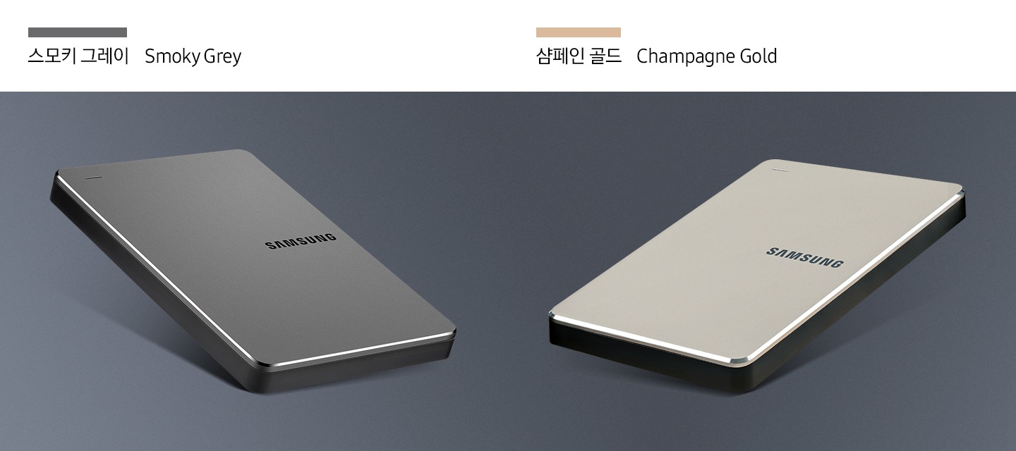 왼쪽에는 외장 HDD Y3 제품인 스모키 그레이와 오른쪽에는 샴페인 골드가 보이고 있습니다.