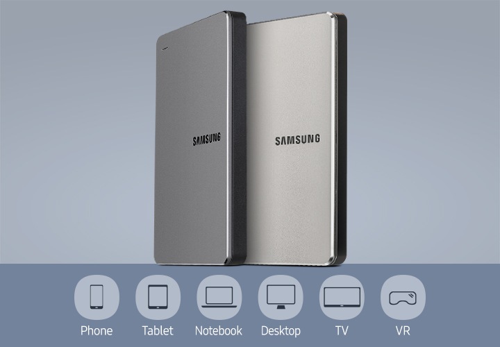 외장 HDD Y3 그레이와 샴페인 골드가 보이고 있습니다. 하단에 아이콘 핸드폰, 태블릿, 노트북, 데스크탑, 티비, 브이알이 표현되어있습니다.