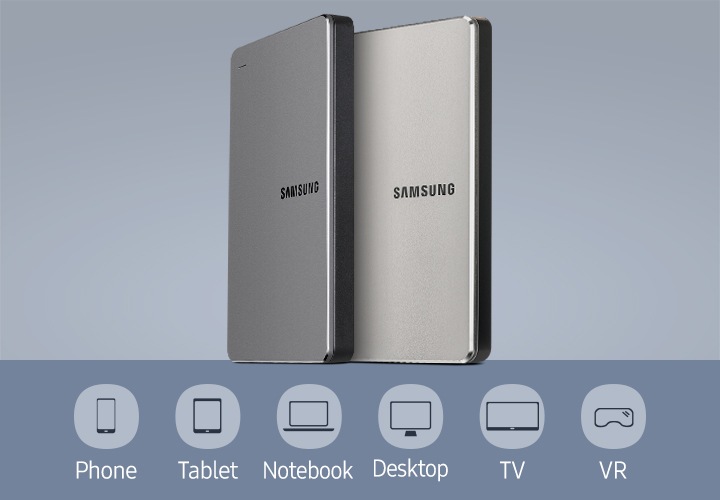 외장 HDD Y3 그레이와 샴페인 골드가 보이고 있습니다. 하단에 아이콘 핸드폰, 태블릿, 노트북, 데스크탑, 티비, 브이알이 표현되어있습니다.