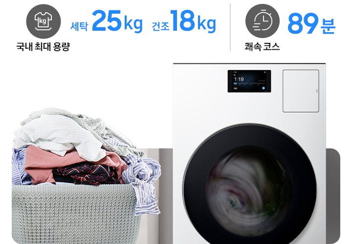 [왼쪽부터 국내 최대 용량 아이콘과 세탁 25kg, 건조 18kg~ 문구 있고, 문구 옆에는 쾌속코스 아이콘과 89분 문구있습니다. 문구 아래에는 빨래 바구니에 빨래 가득 담긴 이미지 있습니다. 오른쪽에는 콤보 이미지가 있습니다]