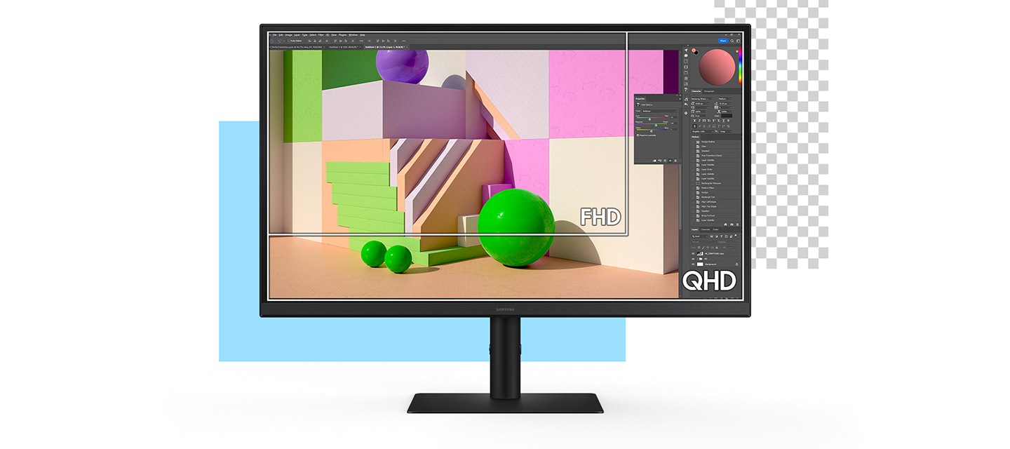 QHD / FHD해상도를 비교한 모습을 보여주고 있습니다. 모니터 화면에는 포토샵을 이용하여 디자인 작업중인 모습을 보여주고 있습니다. 
