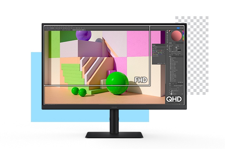 QHD / FHD해상도를 비교한 모습을 보여주고 있습니다. 모니터 화면에는 포토샵을 이용하여 디자인 작업중인 모습을 보여주고 있습니다. 