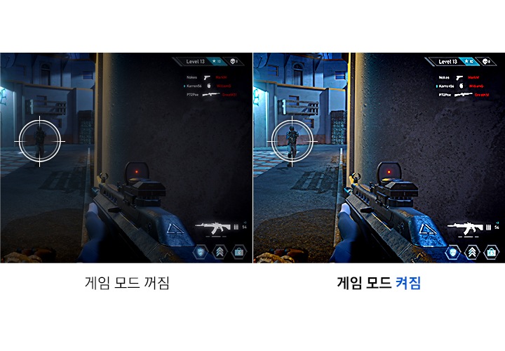 두 개의 총 게임 화면이 있습니다. 왼쪽은 조준점이 정확하지 않아 흐리고, 오른쪽은 조준점이 선명하여 게임을 원활하게 할 수 있습니다.