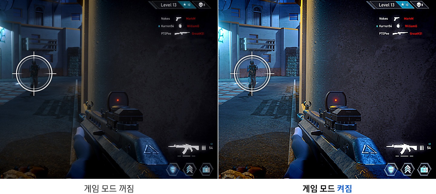 두 개의 총 게임 화면이 있습니다. 왼쪽은 조준점이 정확하지 않아 흐리고, 오른쪽은 조준점이 선명하여 게임을 원활하게 할 수 있습니다.
