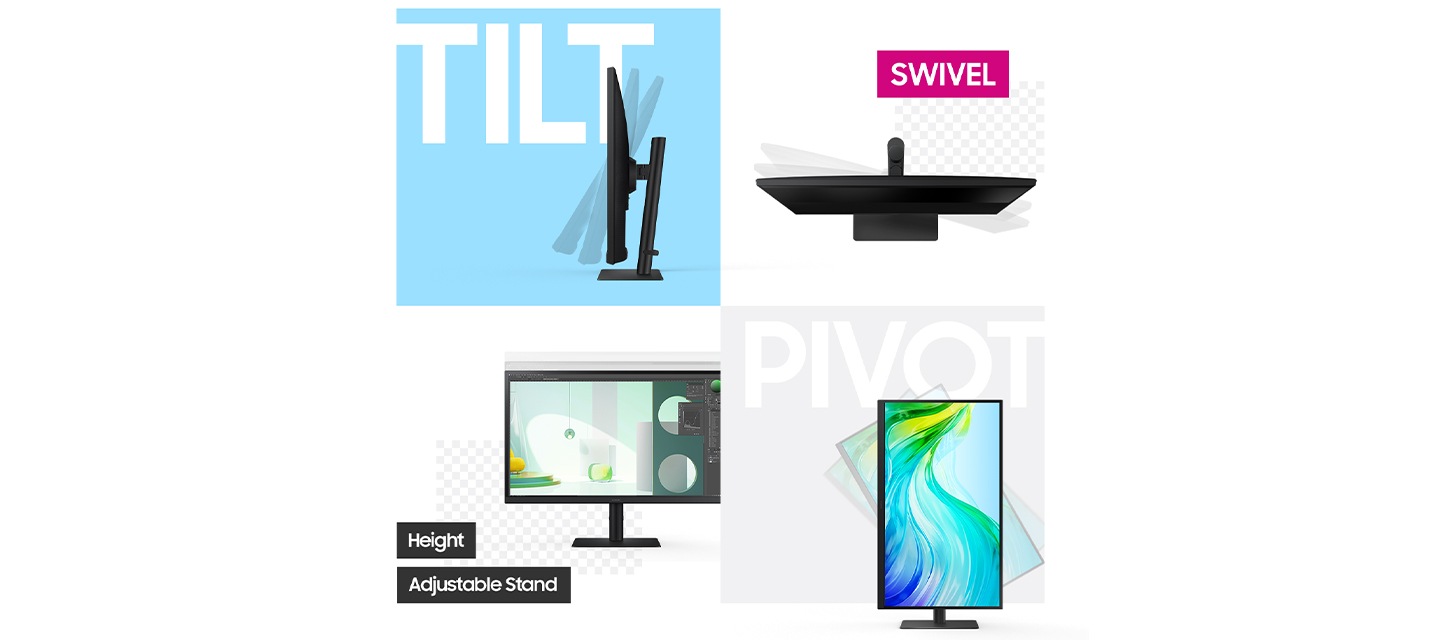 모니터의 회전, 기울기, 모니터 회전 및 높이 조절이 가능한 모습을 보여주고 있습니다.