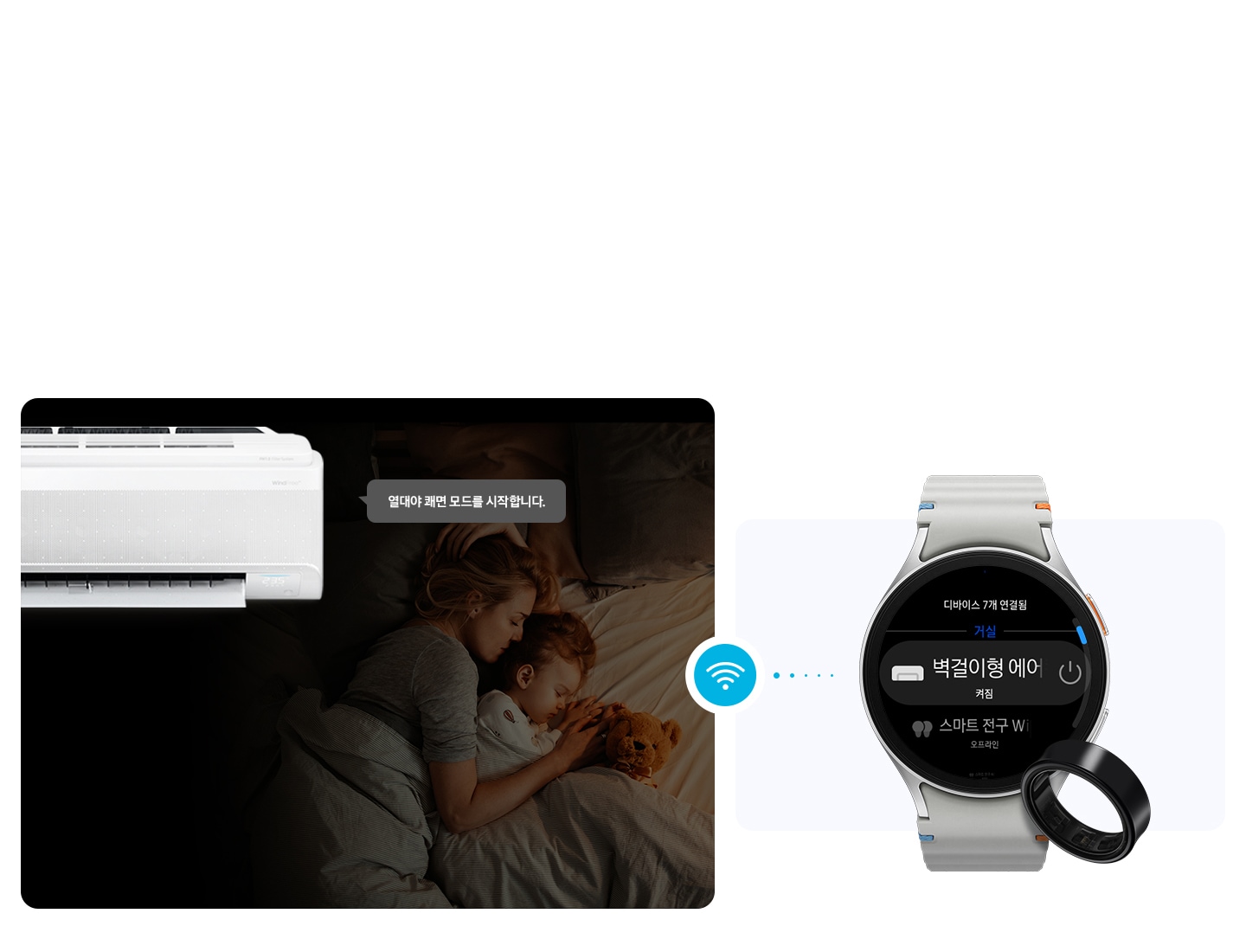 좌측엔 방에서 자고있는 엄마와 아이가 보여지고 그 위로 벽걸이 에어컨이 보여지며 열대야 쾌면 모드를 시작합니다. 문구가 보여지고 우측엔 갤럭시 워치와 갤럭시 링 이 함께 연결 가능한 디바이스로 보여집니다.