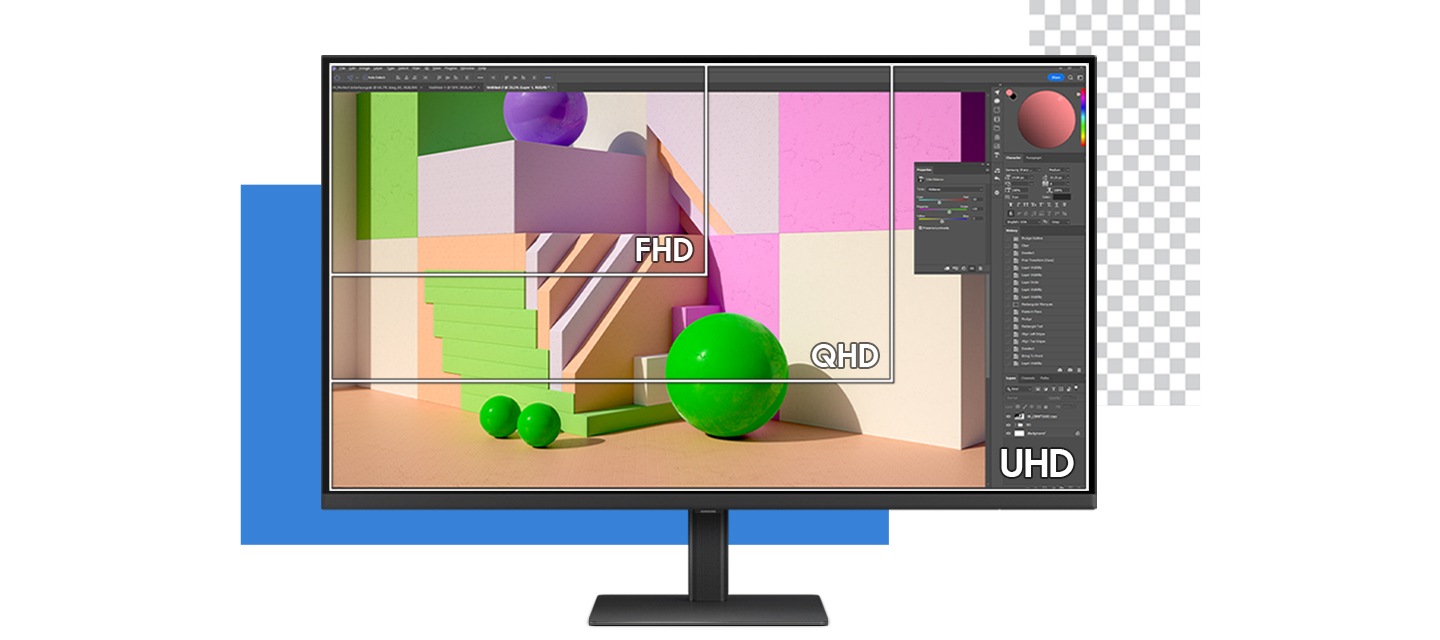 QHD / FHD / UHD해상도를 비교한 모습을 보여주고 있습니다. 모니터 화면에는 포토샵을 이용하여 디자인 작업중인 모습을 보여주고 있습니다. 