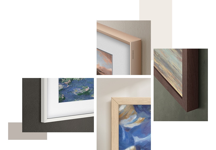 챔퍼 샌드골드 베젤, 플랫 화이트 베젤,. 플랫 브라운 베젤, 플랫 티크 베젤이 설치된 TV의 모서리 부분이 보입니다.