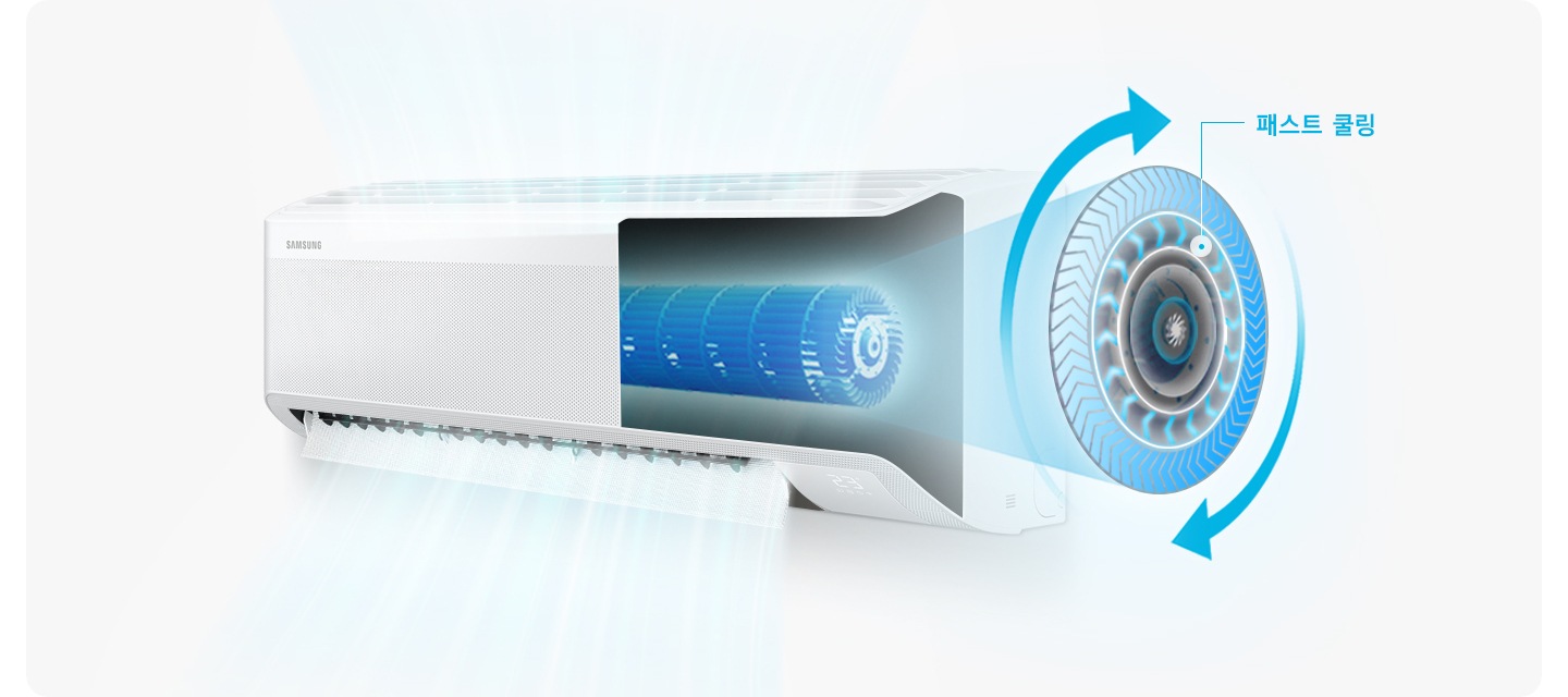 [벽걸이 에어컨의 반이 내부가 보여지며 패스트 쿨링 이 보여집니다.]