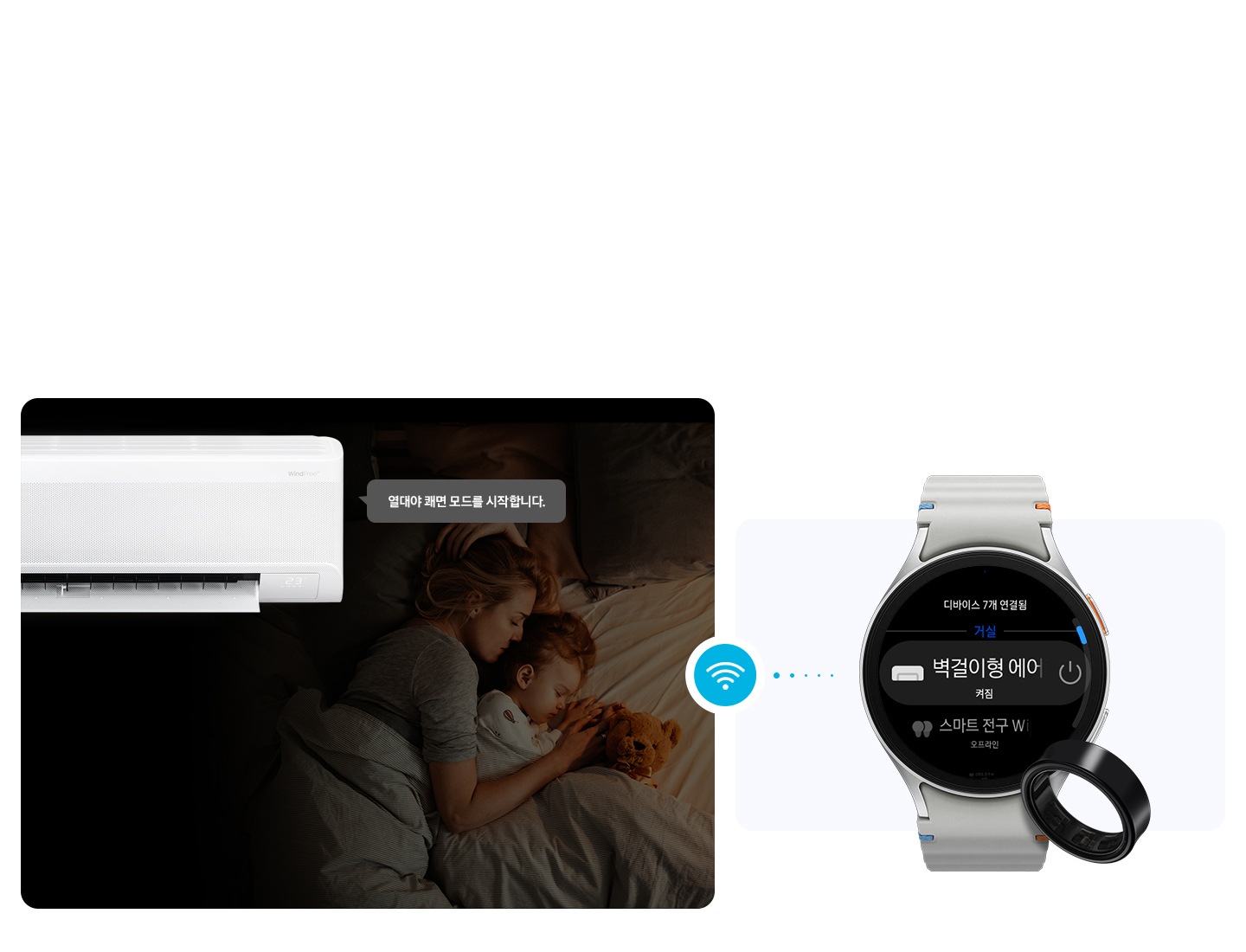 [좌측엔 방에서 자고있는 엄마와 아이가 보여지고 그 위로 벽걸이 에어컨이 보여지며 열대야 쾌면 모드를 시작합니다. 문구가 보여지고 우측엔 갤럭시 워치와 갤럭시 링 이 함께 연결 가능한 디바이스로 보여집니다.]
