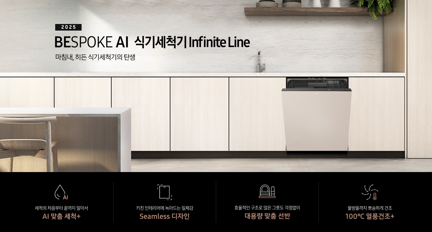 2025 BESPOKE AI 식기세척기 Infinite Line KV 인테리어컷입니다. 베이지톤의 우드장 인테리어 주방과 새틴베이지 식기세척기 정면으로 제품이 살짝 열린 모습입니다. 맨 좌측에는 우드와 어우러진 아일랜드 식탁과 우드 스톨이 위치해 있고, 뒤에 베이지 톤의 우드장과 식기세척기 위에 싱크대가 위치해있으며, 우측 맨 위에는 다크우드색상의 선반이 있습니다. 선반 위에는 도자기 그릇과 식기 및 식물이 있습니다. 인테리어컷 하단에는 4POD가 나와있습니다. 좌측부터 세척의 처음부터 끝까지 알아서 AI 맞춤 세척+, 키친 인테리어에 녹아드는 일체감 Seamless 디자인, 효율적인 구조로 많은 그릇도 걱정없이 대용량 맞춤 선반, 물방울까지 뽀송하게 건조 100℃ 열풍건조+ 아이콘과 문구가 나와있습니다.