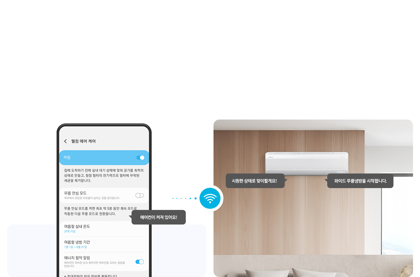 [좌측 윌컴에어케어 úí 화면이 보여지고 에어컨이 켜져 있어요¡ 말풍선이 보여지고 우측엔 벽걸이 에어컨이보여지고 와이드 무풍 냉방을 시작합니다. 시원한 상태로 맞이할게요¡~ 말풍선이 보여집니다. 좌우 가운데 와이파이 아이콘이 함께 보여집니다.]