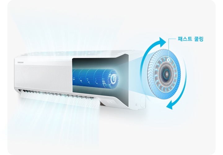 벽걸이 에어컨의 반이 내부가 보여지며 패스트 쿨링 이 보여집니다.