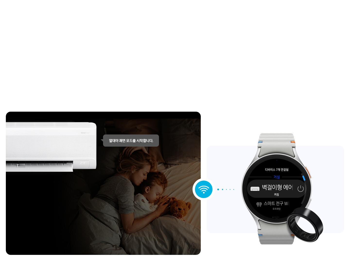 좌측엔 방에서 자고있는 엄마와 아이가 보여지고 그 위로 벽걸이 에어컨이 보여지며 열대야 쾌면 모드를 시작합니다. 문구가 보여지고 우측엔 갤럭시 워치와 갤럭시 링 이 함께 연결 가능한 디바이스로 보여집니다.