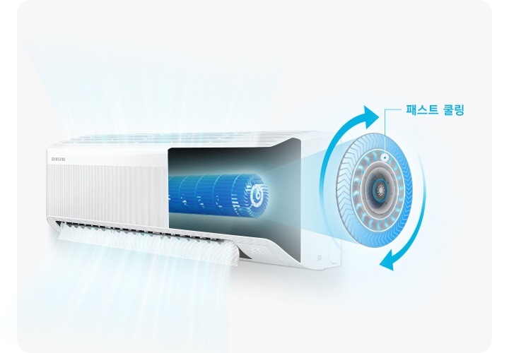 벽걸이 에어컨의 반이 내부가 보여지며 패스트 쿨링 이 보여집니다.