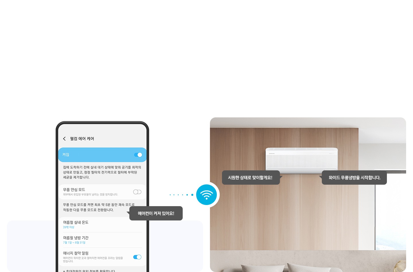 좌측 윌컴에어케어 ui 화면이 보여지고 에어컨이 켜져 있어요! 말풍선이 보여지고 우측엔 벽걸이 에어컨이보여지고 와이드 무풍 냉방을 시작합니다. 시원한 상태로 맞이할게요! 말풍선이 보여집니다. 좌우 가운데 와이파이 아이콘이 함께 보여집니다.