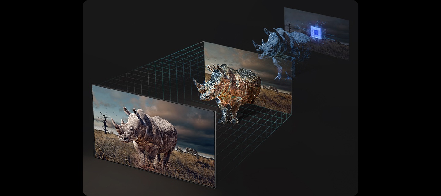 오른쪽 프로세서 칩에서부터 왼쪽 TV 화면으로 코뿔소가 점점 선명하게 보입니다.