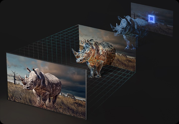 오른쪽 프로세서 칩에서부터 왼쪽 TV 화면으로 코뿔소가 점점 선명하게 보입니다.