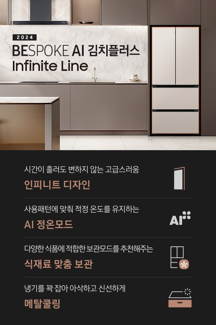 2024 BESPOKE 김치플러스 Infinite Line 인테리어컷입니다. 브라운톤 주방 좌측 냉장고장에 Infinite Line 김치플러스 4도어 키친핏 냉장고가 설치되어 있습니다. 좌측에는 유리선반에 각종 오브제가 놓여있습니다. 냉장고 우측으로는 싱크대와 인덕션, 도마 등 각종 오브제가 놓여 있고 인덕션 위에 후드가 설치되어 있으며 선반에는 그릇 등 식기가 놓여있습니다. 싱크대 앞쪽으로는 브라운톤의 아일랜드 식탁과 금색 다리의 스툴이 놓여있습니다. 인테리어컷 하단에는 4POD 문구와 아이콘이 나와있습니다. 좌측부터 시간이 흘러도 변하지 않는 고급스러움 인피니트 디자인 문구와 아이콘, 사용패턴에 맞춰 적정 온도를 유지하는 AI 정온 모드 문구와 아이콘, 다양한 식품에 적합한 보관모드를 추천해주는 식재료 맞춤 보관 문구와 아이콘, 냉기를 꽉 잡아 아삭하고 신선하게 메탈쿨링 문구와 아이콘이 나와있습니다.