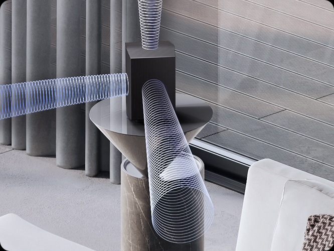 장식장 위에 무선 리어 스피커가 설치되어 있으며 음향효과가 나오고 있습니다.