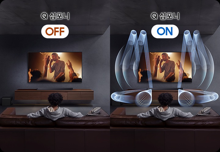사람이 소파에 앉아서 TV를 보고 있습니다. 왼쪽은 Q 심포니가 꺼져있는 상태이며, 오른쪽은 Q 심포니가 켜져있는 상태입니다.