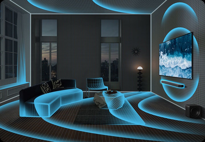 거실 벽에 TV와 사운드바가 설치되어 있으며 사운드바에서 음향효과가 나와 거실을 덮고 있습니다.