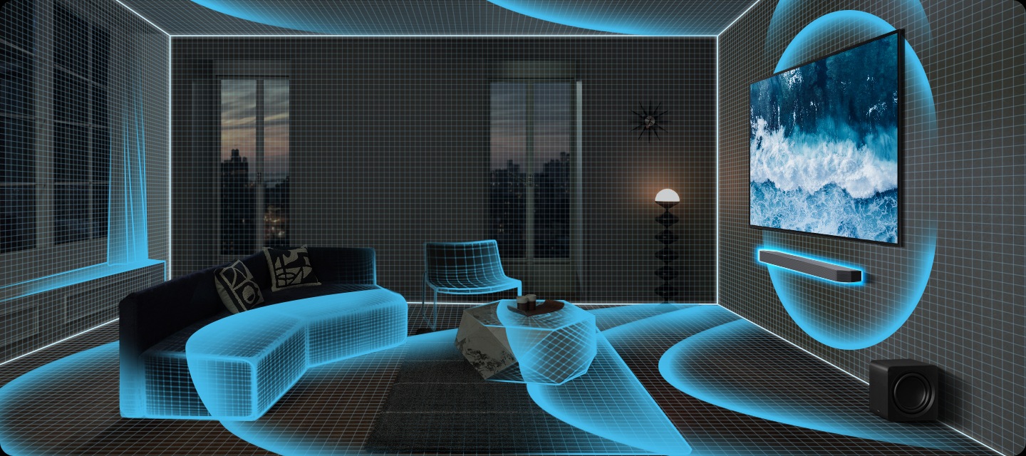 거실 벽에 TV와 사운드바가 설치되어 있으며 사운드바에서 음향효과가 나와 거실을 덮고 있습니다.