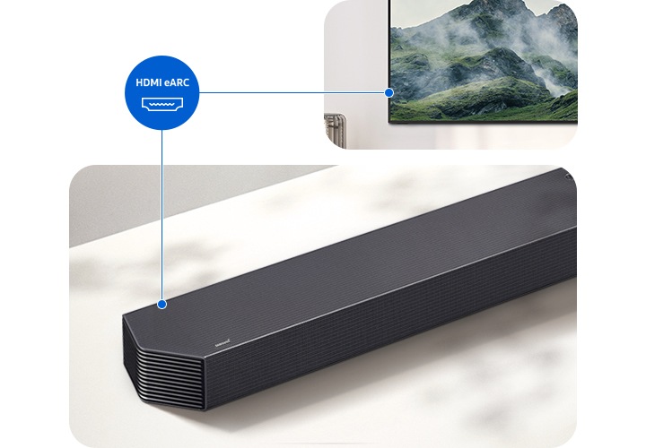 TV와 사운드바가 연결되어 있습니다. 그 사이에는 HDMI Earc 아이콘이 보입니다.