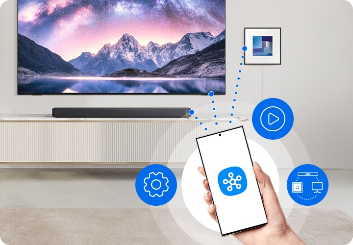 스마트폰에 스마트싱스 앱 아콩이 보이며, 벽에 설치된 TV와 뮤직 프레임, 장식장 위에 설치된 사운드바와 연결되어 있습니다.